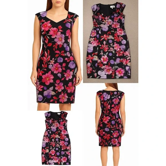 Joseph Ribkoff Floral Metallic Sheath Dress Size 10 Black Pink Purple - Picture 2 of 10